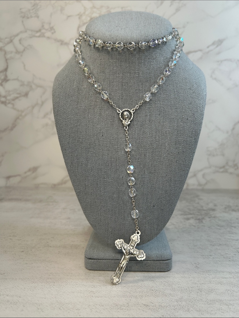 Crystal Rosary Necklace with Silver Crucifix